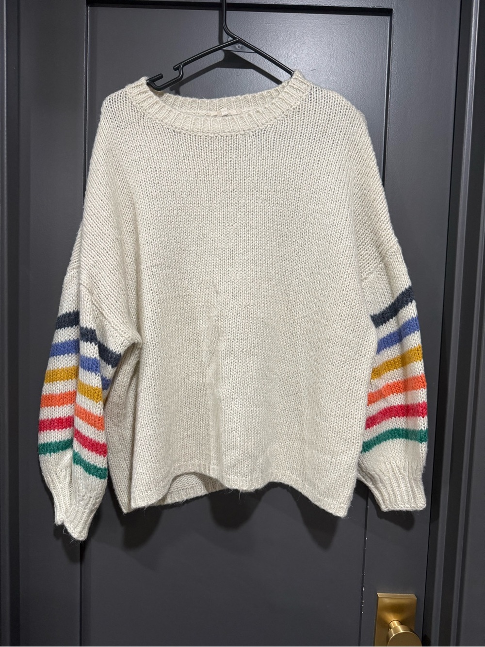 entro Cream Knit Sweater with Multicolor Stripe Balloon Sleeves